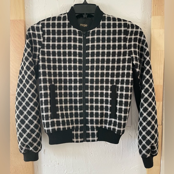 Maje Checkered Plaid Black White Varsity Bomber Jacket Sz 38 - Picture 1 of 6